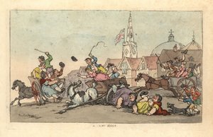 Course de charrette dans une ville anglaise avec un accident au premier plan - Thomas Rowlandson