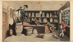 Johnny ivre poursuivi par des veilleurs de nuit dans une épicerie sur le point de tomber dans un tonneau de beurre. Gravure à la main en cuivre par W. Read d
