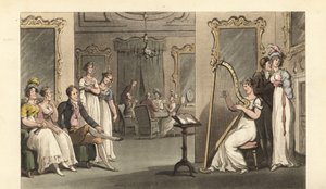 Gentleman anglais et dames écoutant un harpiste lors d
