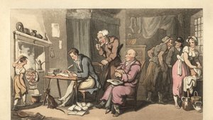 Gentleman anglais écrivant une lettre de mendicité dans un salon décrépit - Thomas Rowlandson