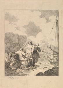 Pêcheurs au bord de la mer - Scène côtière avec un homme assis sur des rochers et fumant une pipe, Nex, 1786 - Thomas Rowlandson