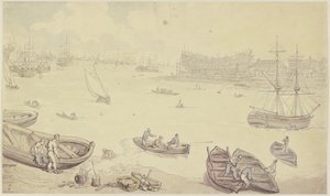 Une rivière avec de nombreux bateaux et un chantier naval - Thomas Rowlandson
