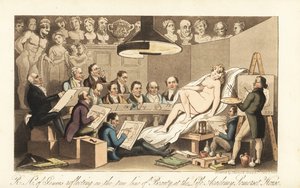 Artistes géorgiens dont Benjamin West, Thomas Lawrence, Benjamin Haydon, Joseph Farrington, Richard Westall et Martin Archer Shee dessinant un modèle nu, tandis que des bustes classiques les regardent. Académiciens royaux du génie réfléchissant à la vérita - Thomas Rowlandson