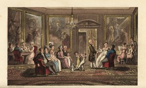 Johnny donne une grande fête. Événement social dans un grand manoir, avec des invités jouant aux cartes, chantant des chansons, parlant, dansant et socialisant. Gravure à l