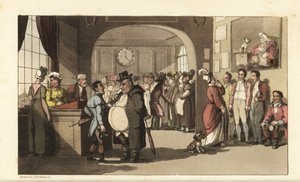 Johnny cherchant du travail dans un bureau de placement pour domestiques. Hommes et femmes avec des monocles examinant des porteurs, des femmes de chambre et d