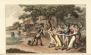 Johnny jouant de la flûte à un festival de tonte de moutons, entouré de filles de campagne dansant. Des bergers tondent des moutons dans une grange et les lavent dans un étang. Gravure à l