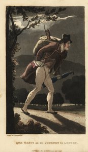 Johnny marchant sur la route éclairée par la lune vers Londres. Il a un sac à dos avec un violon, un livre dans la poche de son manteau et porte un parapluie. Gravure à la main en cuivre par Thomas Rowlandson tirée de The History of Johnny Quae Genus de Wi - Thomas Rowlandson