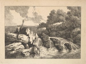 Paysage avec deux pêcheurs grimpant sur des rochers près d