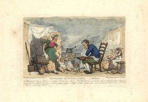 Homme utilisant des soufflets devant un feu dans une pièce enfumée - Thomas Rowlandson