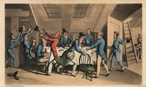 Officiers et aspirants célébrant la nouvelle que le capitaine a quitté le navire. Gravure à l