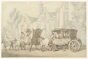 Voiture de voyage ouverte et carrosse dans une rue quasi-hollandaise - Thomas Rowlandson