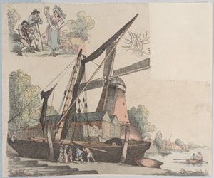 Scène de rivière avec moulin à vent de la planche 9, Contours de figures, paysages et C..., 20 janvier 1791 - Thomas Rowlandson