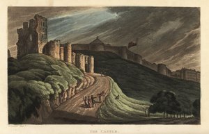 Château de Scarborough : touristes montant la colline vers le château en pierre du 12ème siècle. Gravure à la main en cuivre par Thomas Rowlandson d