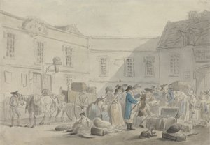 La douane à Boulogne - verso : croquis au graphite de chevaux, carrosses et bâtiments - Thomas Rowlandson