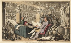 Les figures du Temps avec une faux et de la Mort avec sa lance et son sablier se tiennent derrière un artiste avec une plume dessinant dans un atelier rempli de bustes et de sculptures classiques. Gravure en cuivre dessinée et gravée par Thomas Rowlandson 