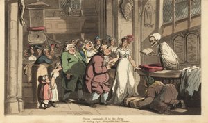 Le squelette de la Mort en tant que prêtre célébrant le mariage entre une jeune femme et un vieil homme laid. Gravure à la main par Thomas Rowlandson de « The English Dance of Death », Ackermann, Londres - Thomas Rowlandson