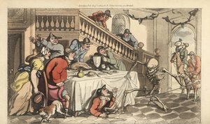 La mort vient pour un chasseur caché sous une table après une chasse au renard - Thomas Rowlandson