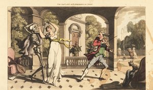 Le squelette de la Mort en cape danse une dernière valse avec la fragile Caelia, tandis que son professeur de danse regarde avec effroi. Gravure à la main en cuivre dessinée et gravée par Thomas Rowlandson de The English Dance of Death, Ackermann, Londres - Thomas Rowlandson