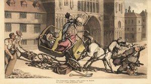 Le squelette de la Mort en manteau et bonnet conduit un attelage de deux chevaux qui s