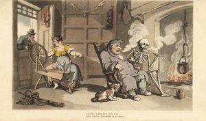 Le squelette de la Mort fume une pipe au coin du feu avec le vieux Gaffer Goodman, tandis que sa jeune femme est séduite par un prétendant à la fenêtre. Gravure à la main en cuivre dessinée et gravée par Thomas Rowlandson de The English Dance of Death, Ack