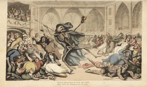 Le squelette de la Mort avec sa flèche provoque une émeute parmi les arlequins, jockeys, nonnes, Turcs et fous lors d