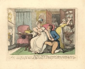 Deux amoureux dans un salon dérangés par des servantes curieuses - Thomas Rowlandson