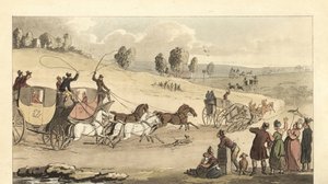 Jeunes gentlemen anglais faisant la course de voitures à quatre chevaux sur une route - Thomas Rowlandson