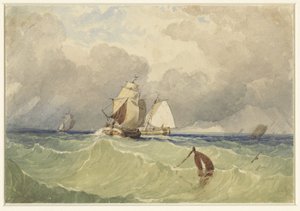 Trois-mâts et tjalk naviguant en pleine mer