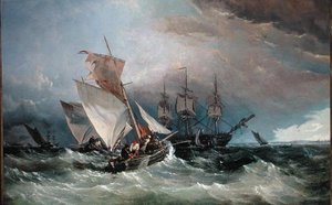 Chalutiers de crevettes au large du Nore, Sheerness au loin, vers 1854