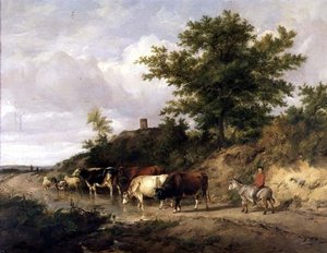 Paysage boisé avec un garçon sur un âne et du bétail à un gué - Thomas Sidney Cooper