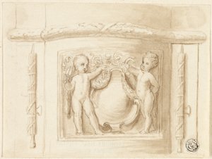 Base de pilastre avec relief, avec 2 putti, bouclier