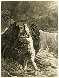 Robinson Crusoé naufragé et accroché à un rocher de La vie et les aventures surprenantes de Robinson Crusoé, marin de York par Daniel Defoe - Thomas Stothard