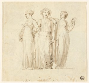 Trois muses (recto) ; Étude de chevalier et moine pour une illustration dans un roman gothique (verso) - Thomas Stothard