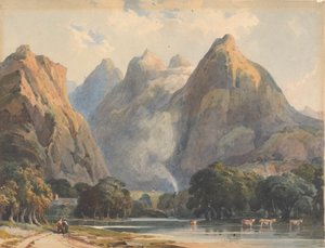 Scène de montagne avec ruisseau, vaches et figures