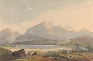 Paysage montagneux avec lac et figure au premier plan