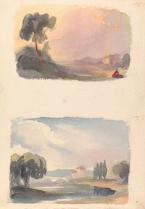 Deux dessins sur une feuille : Paysage avec montagnes au loin et figures assises au premier plan (n° 1) ; Paysage avec rivière et bâtiment, montagnes au loin (n° 2)
