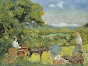 Paysage avec une femme dans une charrette tirée par un âne