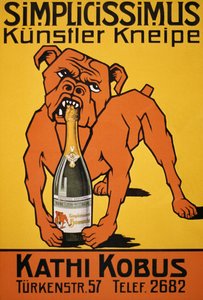 Affiche vintage de bulldog mordant une bouteille de champagne - Thomas Theodor Heine
