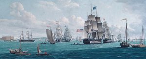 Le navire américain Franklin, avec une vue de la baie de New York, années 1820 ou 1830 - Thomas Thompson