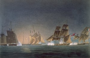 HMS Rinaldo engageant quatre Corsaires Français, gravé par J. Bailey pour 