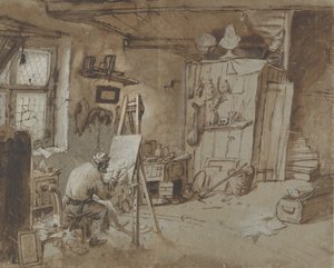 Un peintre au travail dans son atelier - Thomas Wijck