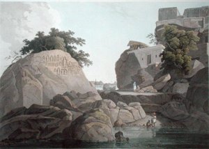 Vue sud-est du rocher des fakirs sur le Gange, près de Sultaungunge, planche X de 
