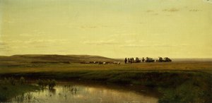 Un convoi de chariots sur les plaines, rivière Platte