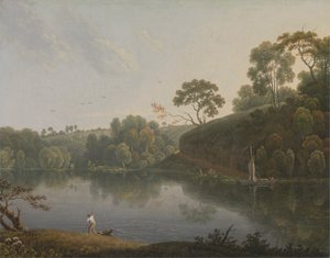 Paysage avec un lac et des bateaux
