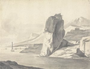 Une scène côtière (italienne) avec brise-lames, hautes falaises et un fort