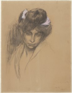 Jeune fille sombre, regardant vers le bas, avec un ruban violet dans les cheveux
