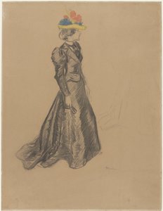 Dame debout en tenue noire avec traîne, et un chapeau de paille coloré avec des fleurs d