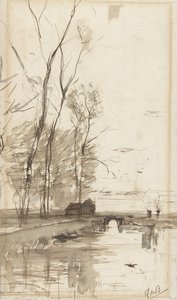 Vue sur le canal avec de grands arbres, une ferme et un pont - Théophile de Bock (possibly)