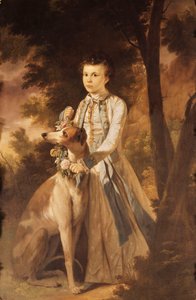 Portrait de John Graham, enfant, en pied, en tenue indienne tenant une guirlande de fleurs autour du cou d