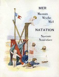 Lettres M et N représentant des enfants à la plage, fin du XIXe siècle - Timoleon Marie Lobrichon
